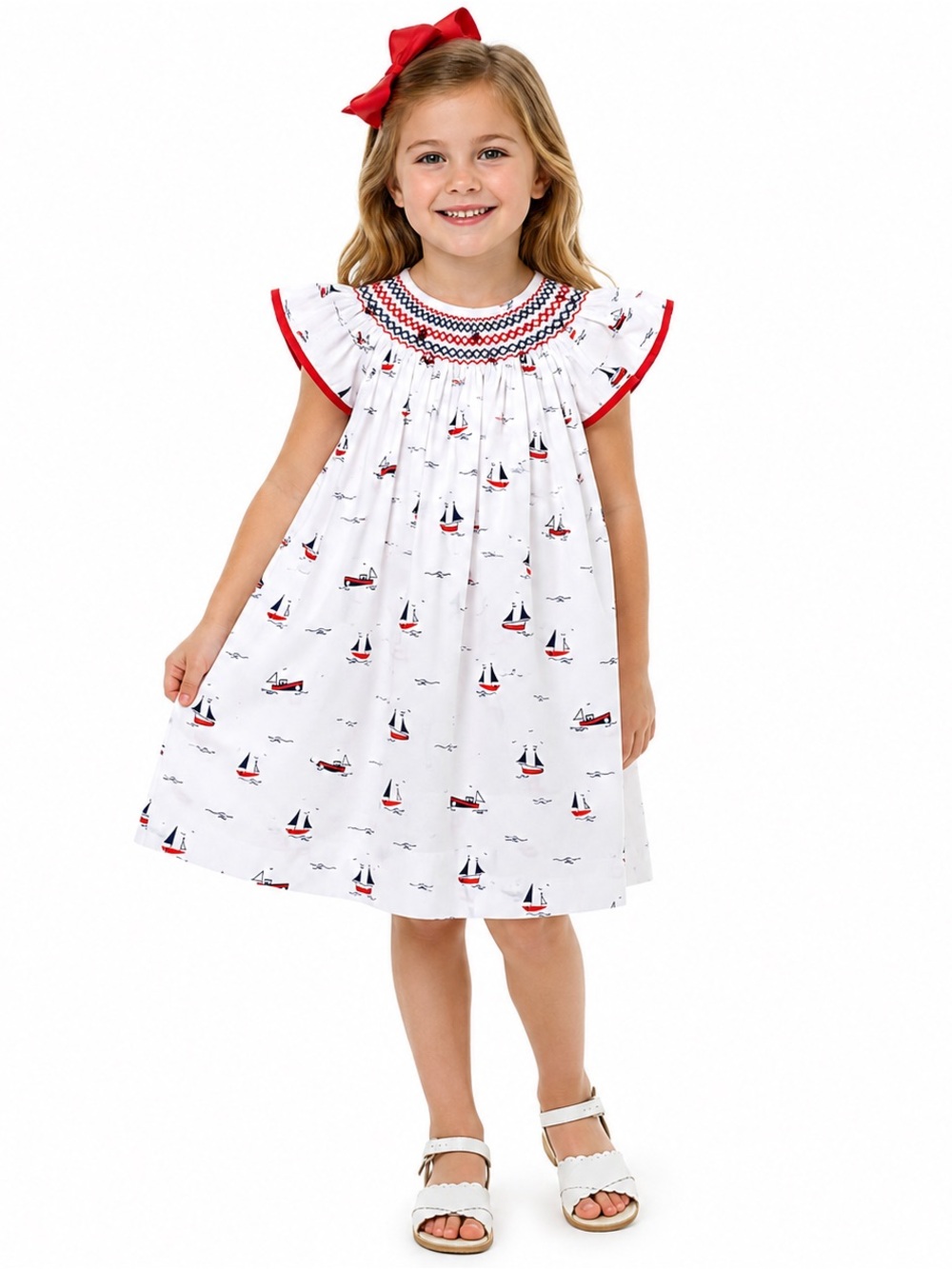 Edgehill Collection Girls 5 White Smocked Sailboat Bishop Dress NWT